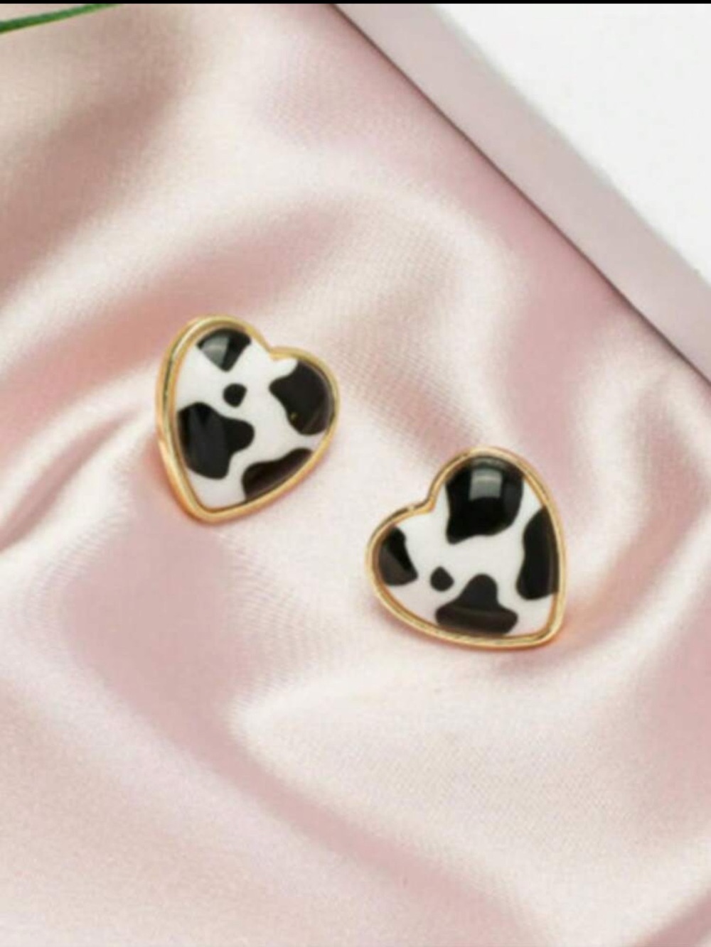 Heart Shaped Black & White Cow Print Stud Earrings
